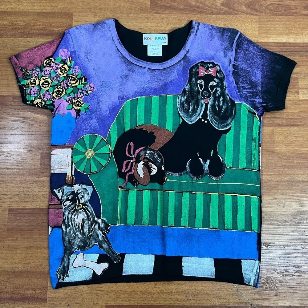 novelty vintage KOLORWAY lazy dog poodle Yorkshire hand painted wearable art tee